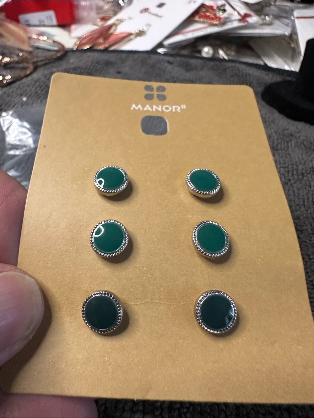 Manor Green Round Stud Earrings - Set of 3 Pairs